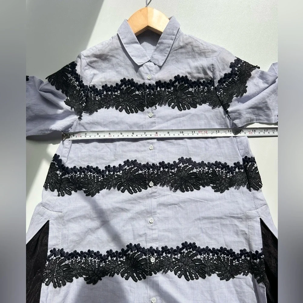 JNBY White blue Lace Striped Dress a line collar button
